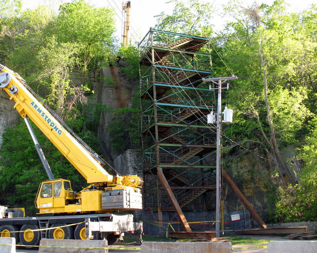 the historic green stairs in St Paul are in the process of being dismantled