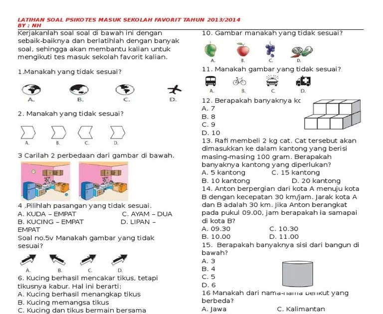 Contoh Soal Tes Kematangan Masuk Sd