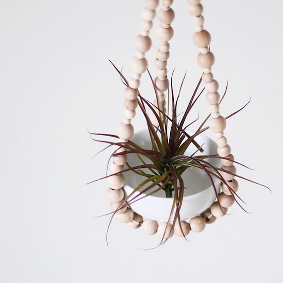 Small Beaded Hanging Planter with Cup / Scandinavian Modern Plant Holder / Natural Wood Beads