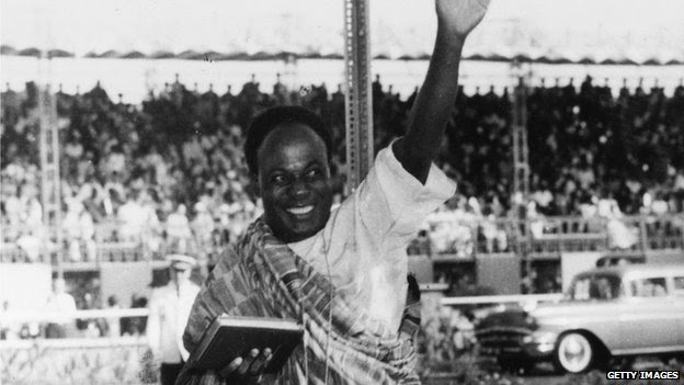 Then-Ghanaian Prime Minister Kwame Nkrumah arrives at the Assembly House in Accra for the opening of the new Parliament and the declaration of Ghana's Independence by the Duchess of Kent, 7 March 1957