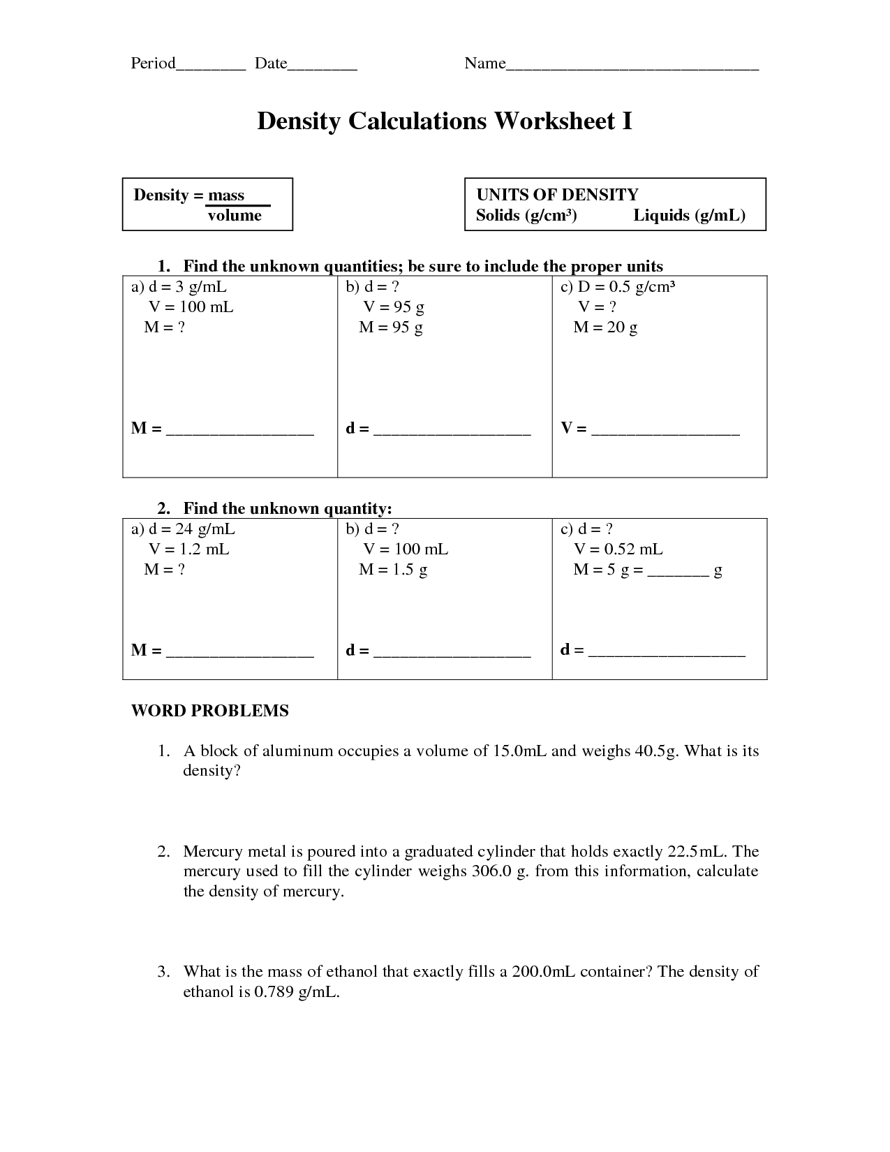 Mass Volume And Density Worksheet Answers