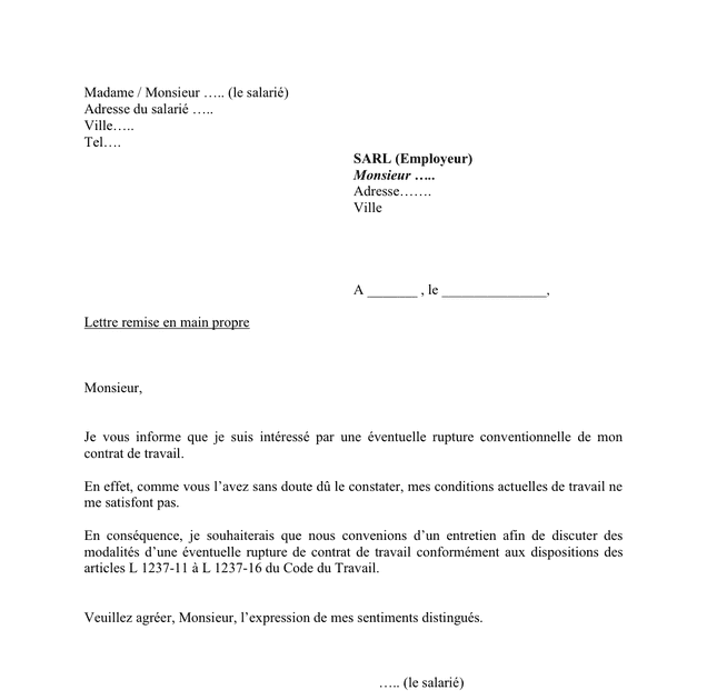 Modele Lettre Demande De Rupture Conventionnelle Par Le Salarié