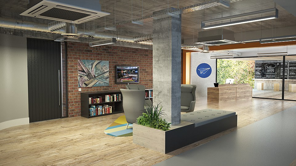 An architectural rendering shows a modern, industrial interior. The blue logo pays a subtle homage to the building's history