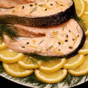 Salmon Steaks Poached in Lemon Broth