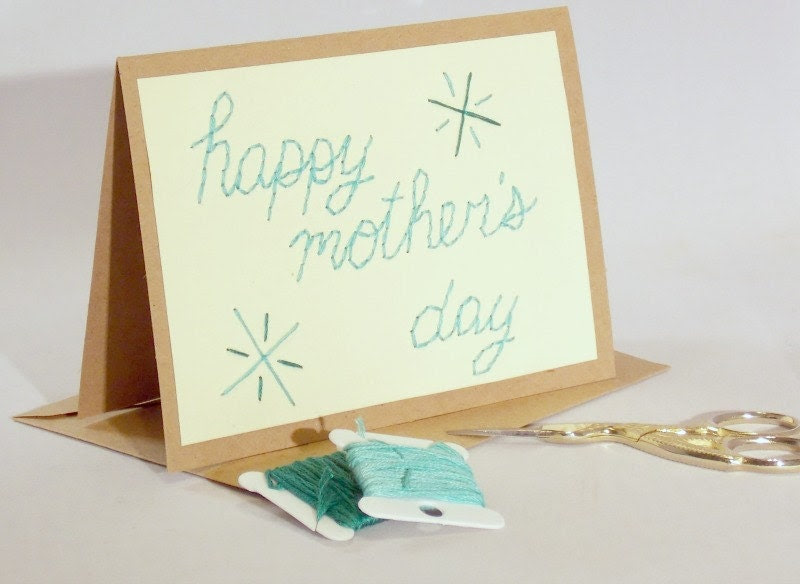 Mother's Day stitched card hand embroidered Happy Mother's Day Stars turquoise teal - sleepingfoxstitchery Mother's Day stitched card hand embroidered Happy Mother's Day Stars turquoise teal - sleepingfoxstitchery