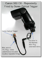 HS1008: Canon 580 EX - Repeatedly Fired by Sonia Optical Trigger through Standard Hot Shoe to Mini Plug