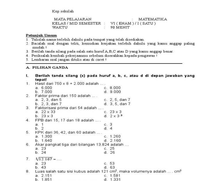 Contoh Latihan Soal: Soal Mid Matematika Kelas 11 Semester 1