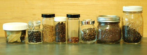 Line up of pickling spices by Eve Fox, Garden of Eating blog, copyright 2012