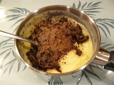 adding chocolate to custard