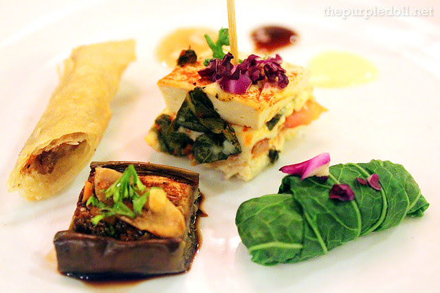 Steamed Tofu Cake, Mustasa Wrap, Baked Aubergine and Cumin, and Fried Lumpiang Shanghai