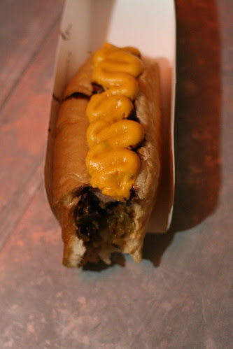 Chocolate, nacho cheese, kiwi sauce, relish and onion HOT DOG!