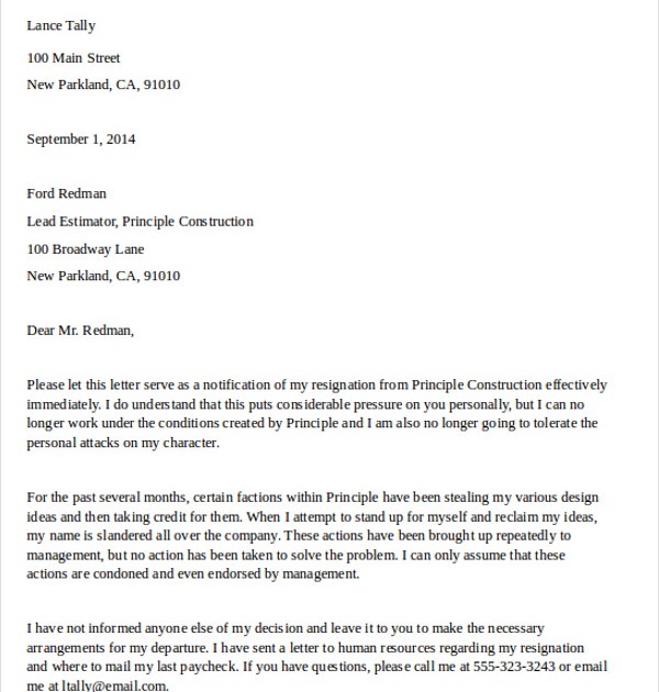 Resignation Letter Format For Hotel Sample Resignation