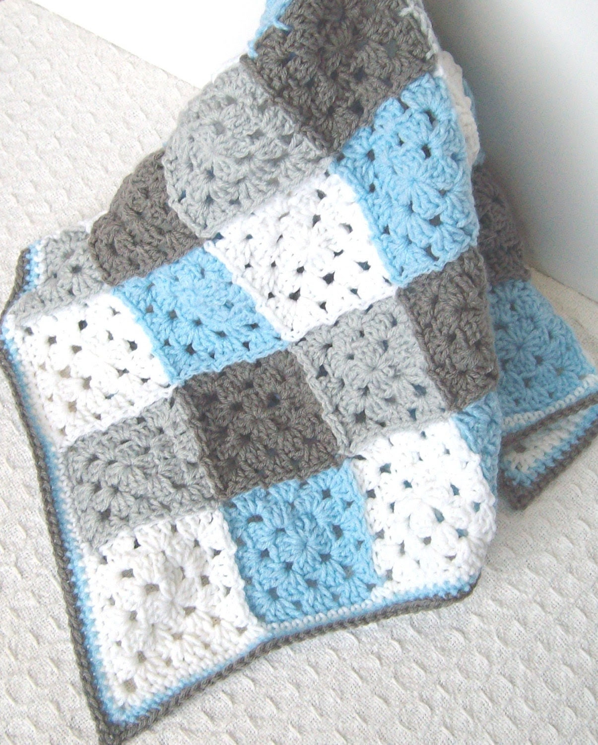 Granny Square Baby Blanket, Blue Gray Nursery Bedding, Blue Baby Boy Blanket, Granny Square Baby Afghan, Blue Gingham, Gray Blue Boy Nursery - puddintoes Granny Square Baby Blanket, Blue Gray Nursery Bedding, Blue Baby Boy Blanket, Granny Square Baby Afghan, Blue Gingham, Gray Blue Boy Nursery - puddintoes
