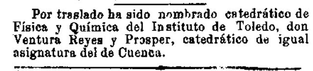 Noticia del traslado de Ventura Reyes Prósper a Toledo publicada en El Día el 13 - 06 -1898