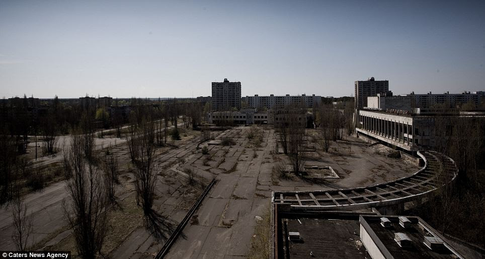 A view from the top of a hotel in Pripyat, the town which was built primarily to house workers from the Chernobyl nuclear power station