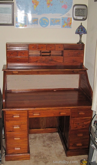 Newly refinished roll top desk for amateur radio.