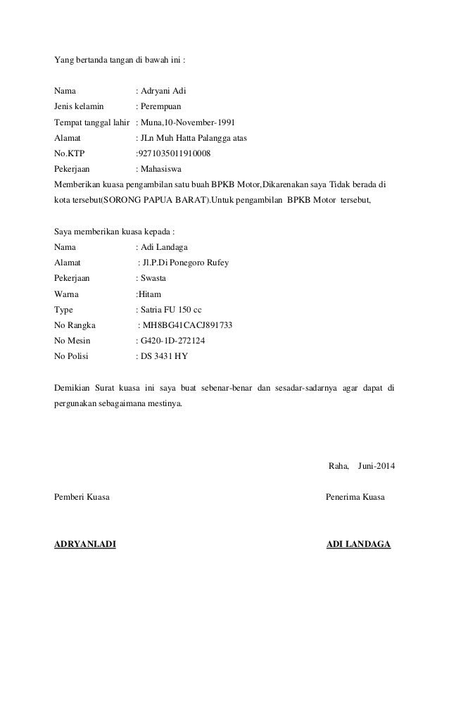 Contoh Surat Kuasa Pengambilan Bpkb Motor Di Adira Contoh Surat