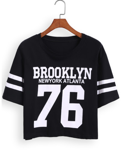 Black Short Sleeve BROOKLYN 76 Print Number Comfort Racewear Monogrammed Crop T-Shirt