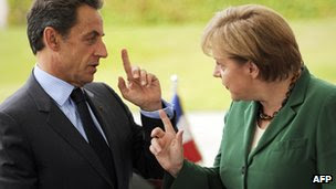 Photo taken on July 20, 2011 at the Chancellery in Berlin showing German Chancellor Angela Merkel and French President Nicolas Sarkozy