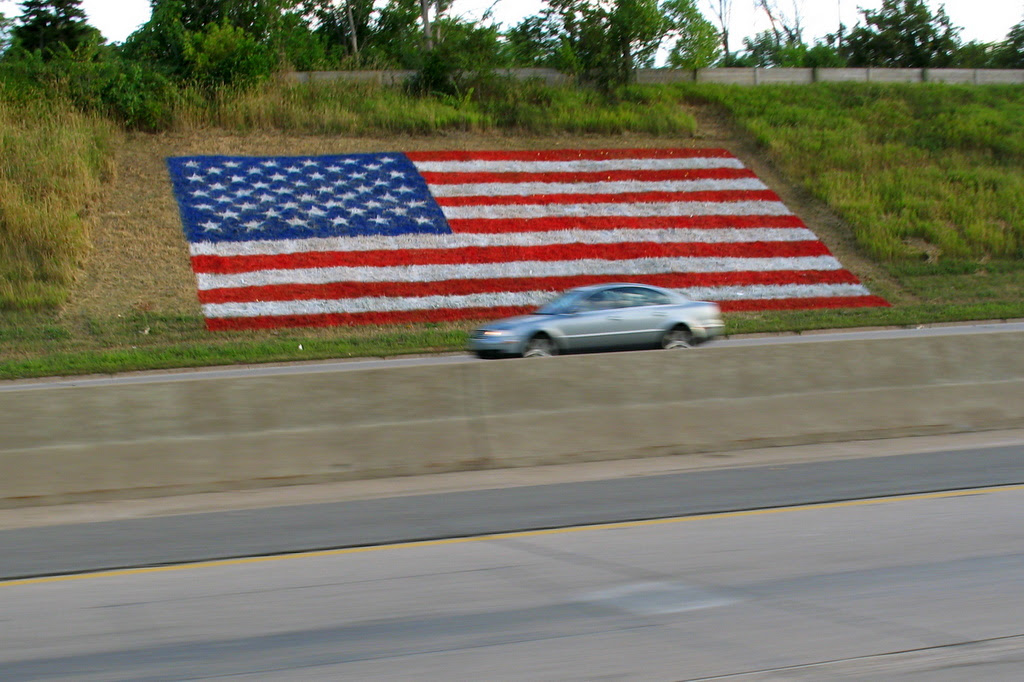 A grass painted United States flag along Interstate Highway 94 in St Paul, Minnesota.