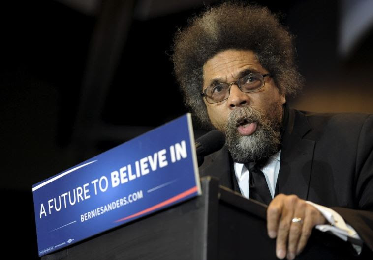 Cornel West speaks at a rally for Bernie Sanders
