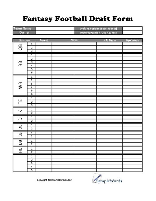 Blank Draft Sheet For Fantasy Football White Gold