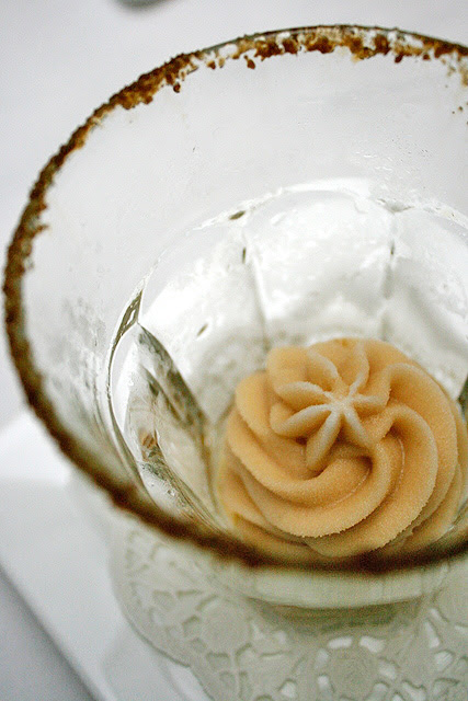 Palate cleanser of mojito sorbet (lime, brown sugar and mint). Cuban-inspired, obviously.