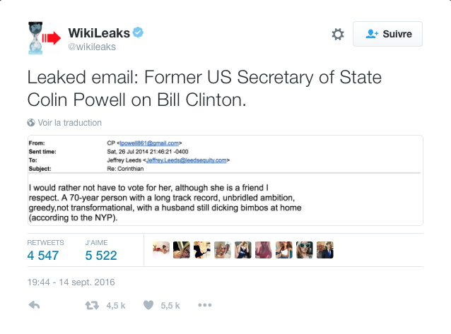 Un email intercepté : L'ancien secrétaire d'État américain Colin Powell sur Bill Clinton.