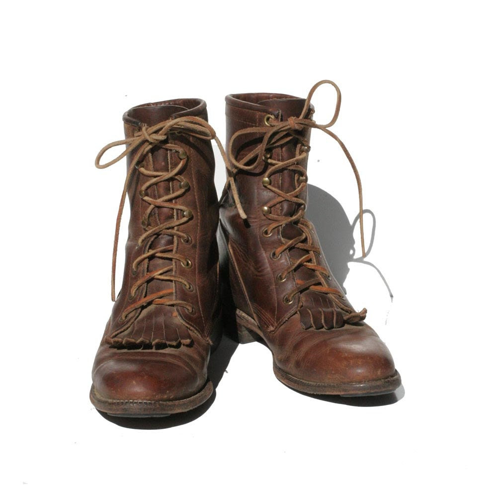 Dark Brown JUSTIN Leather Lace up Ankle Boots size: 6 - TanakaVintage