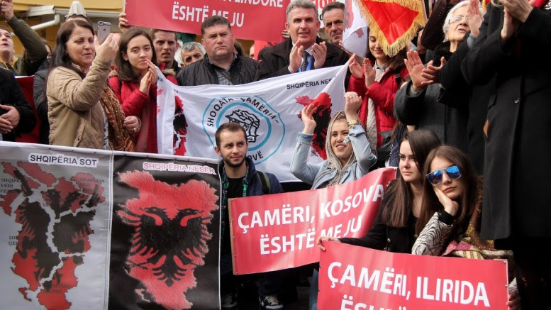 Members of the Albanian Cham community protest in front of the Greek Embassy demanding recognition of their property claims in Greece, Tirana, Albania, 24 February 2018. Albania and Greece are in a negotiating process on the sea border and other issues remaining from World War II such as cemeteries of Greek soldiers, impounded property from ethnic Cham Albanians that were expelled from their lands under charges of being Nazi collaborators. EPA, MALTON DIBRA