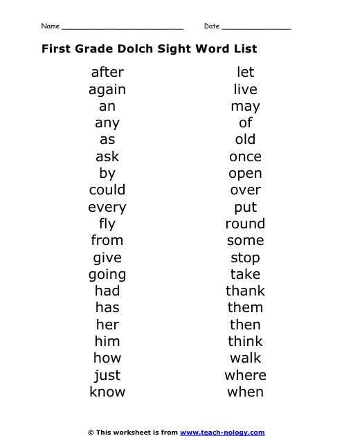 Kindergarten Dolch Sight Words Grade 1 / Kinder Dolch Sight Words ...