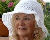 White Crochet Summer Brimmed Hat - All Cotton - Handmade Original - hatsbyanne1942