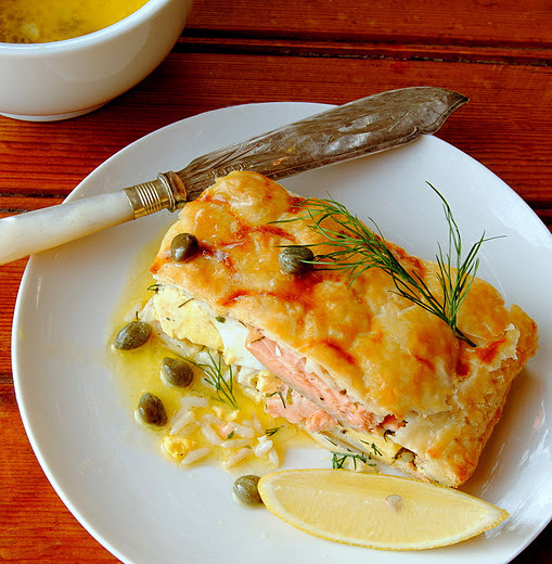 Salmon, Rice, Egg & Dill Pie with Lemon-Caper Butter