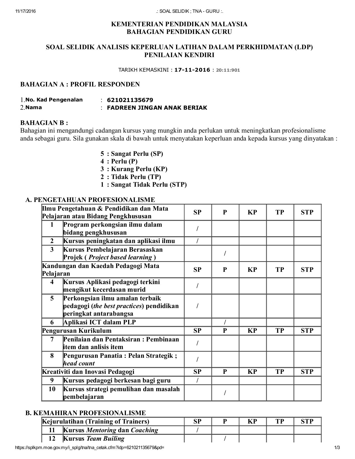 Contoh Borang Soal Selidik Analisis Keperluan Latihan Riset