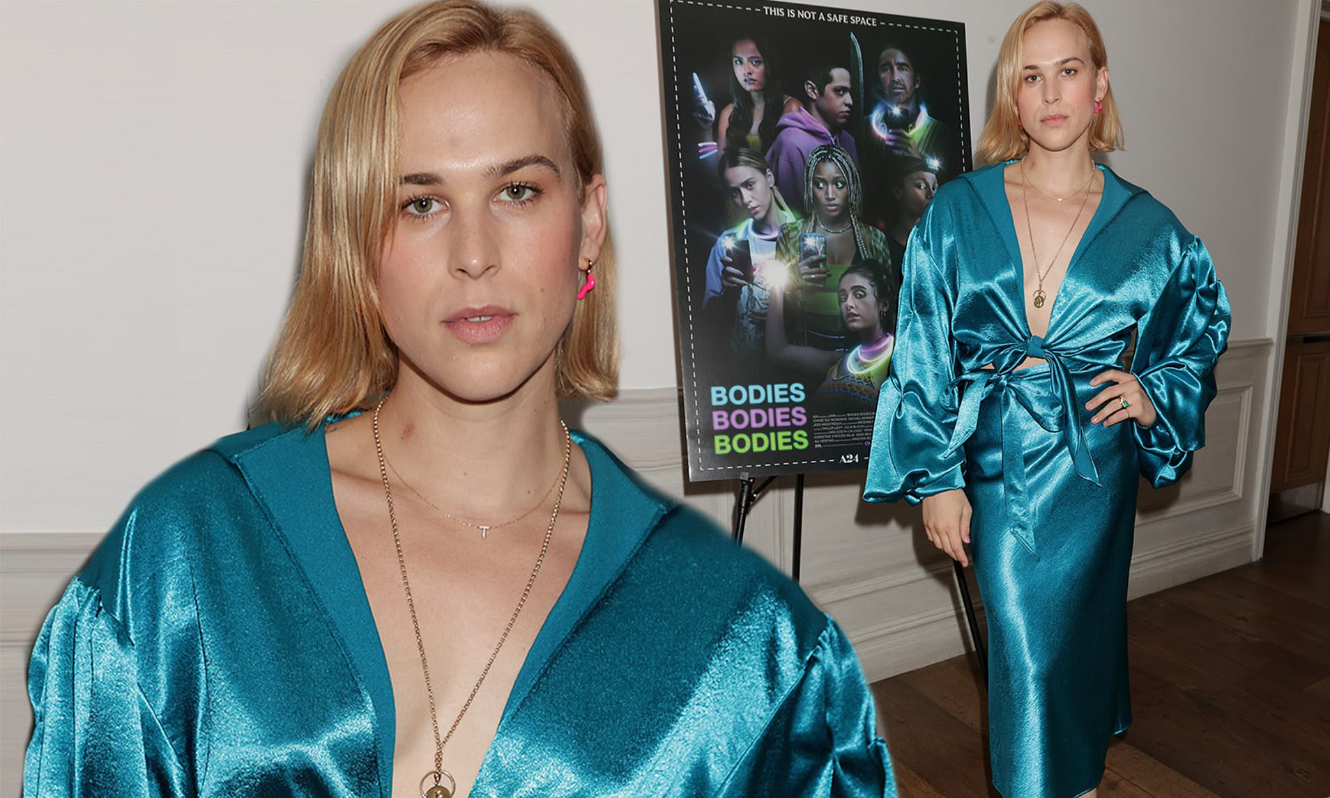 Tommy Dorfman shimmers in a metallic blue dress at Pride screening of Bodies Bodies Bodies in NYC