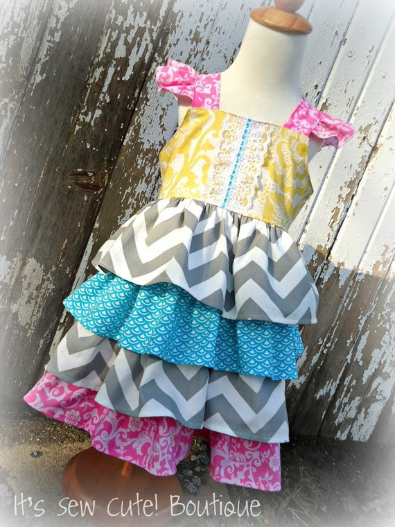 The Avah Dress Tiered Ruffle Reverse Knot Dress Tuquoise Pink Yellow Gray Chevron Flutter Straps Birthday Spring Summer