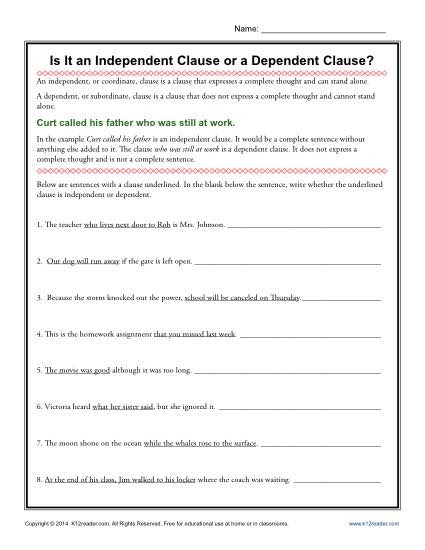 Independent And Dependent Clauses Worksheet High School