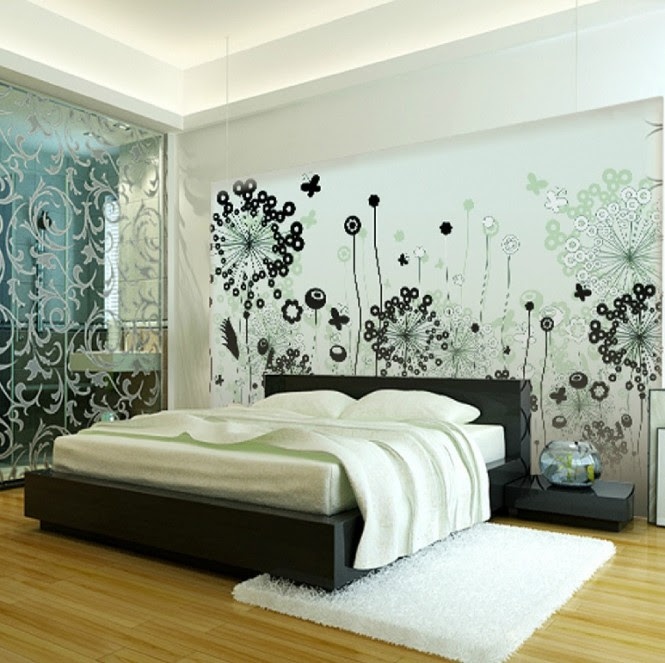 Black white contemporary bedroom scheme A decal is a fabulously quick way to form an extension of the headboard in the bedroom, creating a larger vignette for extra impact.