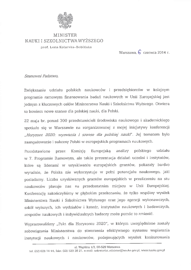 List Minister Leny Kolarskiej-Bobinskiej Pakt dla Horyzontu 2020