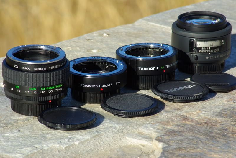 Kenko 2x Macro Teleplus, Promaster 1.7x AF TC, Tamron 1.4x Pz-AF, Pentax FA 50 f/1.4