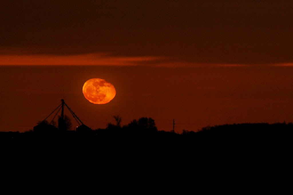 An orange moon rising, wavy, over farm buildings.