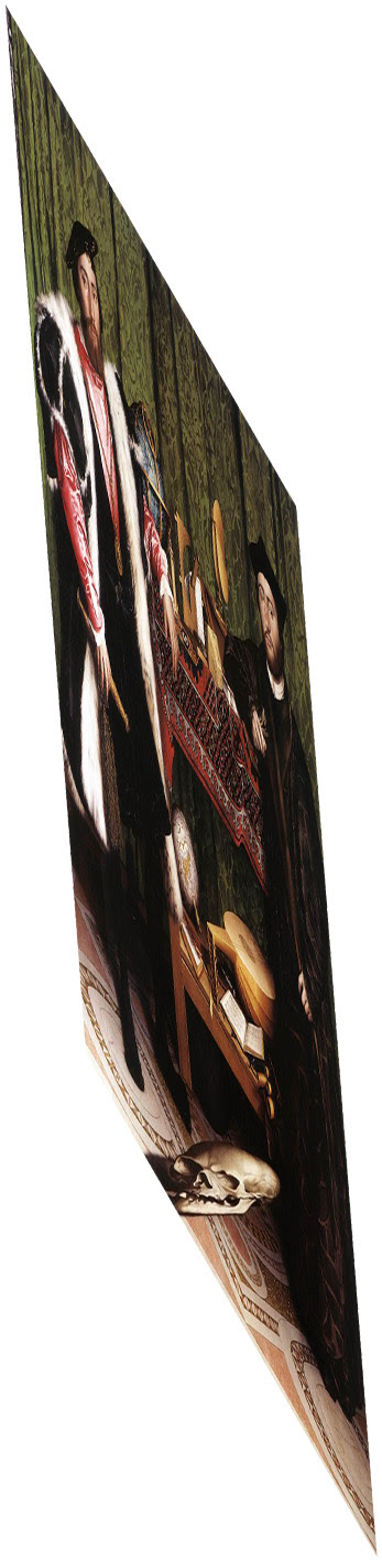 Hans Holbein the Younger "The Ambassadors". View from the right. Anamorphosis. Hans Holbein the Younger The Ambassadors