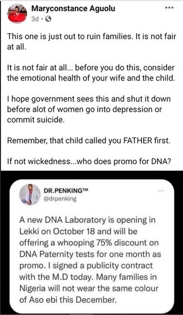 ''It Is Not Fair At All'' - Lady Urges Govt To Shut Down DNA Labs In Nigeria