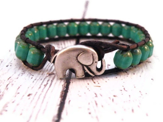Turquoise Leather Wrap Bracelet with Table Cut Turquoise and Silver Elephant/ Free shipping/ Boho Urban Modern Chic - GloryGift Turquoise Leather Wrap Bracelet with Table Cut Turquoise and Silver Elephant/ Free shipping/ Boho Urban Modern Chic - GloryGift
