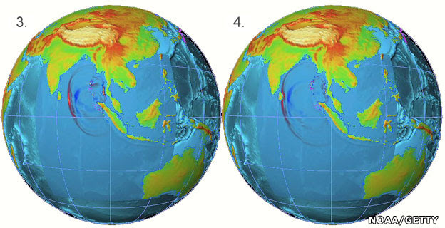 Sequence of graphics showing the spread of the 2004 Asian tsunami