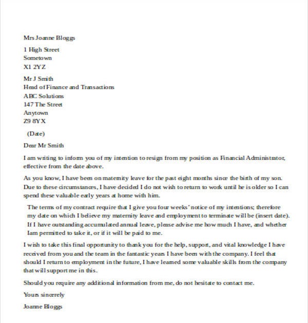 Low doc business Resignation letter to take care of child