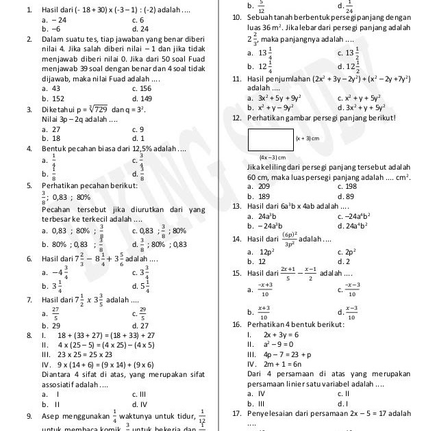 Soal matematika kelas 7 semester 1 bab bilangan bulat