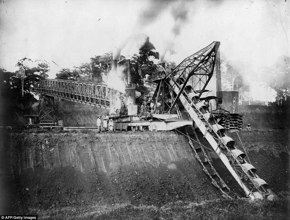 Early days: During construction, French workers used dredging machines to dig. The canal's expansion will allow for dredging boats to now travel the waterway