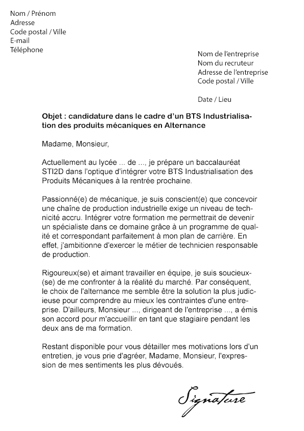 Lettre De Motivation Bts MÃ©canique  Soalan bg