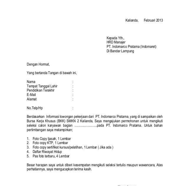 9+ Contoh Surat Lamaran Kerja Di Indomaret Palembang - Koleksi Letter